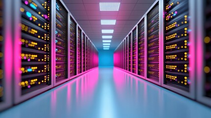 Poster - a server room within a data center, filled with rows of servers and flashing lights, representing th