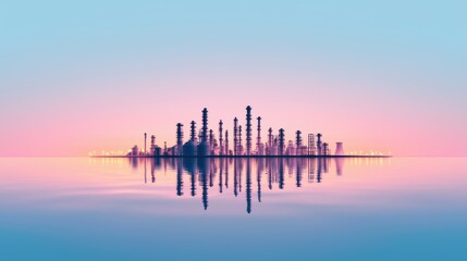 Poster - a refinery at night, illuminated by a network of lights, showcasing the continuous operation and vit