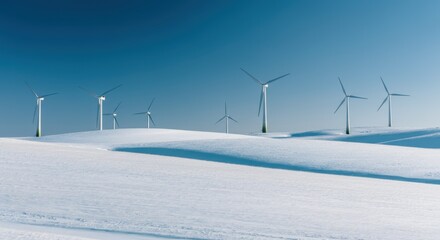 Wall Mural - Wind turbines in snowy landscape under blue sky