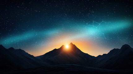 Poster - A stunning mountain landscape at sunrise, showcasing vibrant colors against a starry night sky, creating a serene and breathtaking atmosphere.