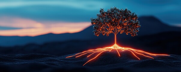 Poster - A surreal tree emits glowing roots in a dramatic landscape, blending nature and fantasy against a twilight backdrop.