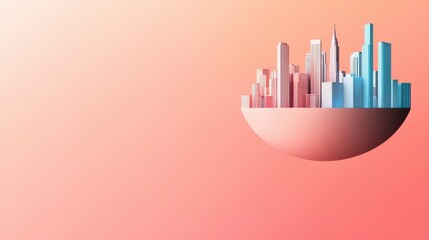 Aufkleber - A stylized cityscape illustration featuring skyscrapers in blue and pink hues on a gradient background.