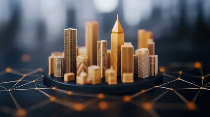 Poster - A detailed miniature city skyline with golden buildings, showcasing modern architecture and interconnected lines suggesting a network or digital theme.