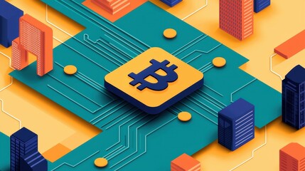 Poster - A vibrant digital illustration featuring a Bitcoin symbol on a circuit board, surrounded by colorful skyscrapers, symbolizing cryptocurrency and technology.