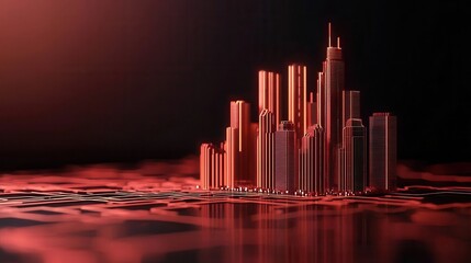 Poster - A futuristic city skyline rendered in red hues, reflecting on water, creating a striking visual of urban architecture and technological advancement.
