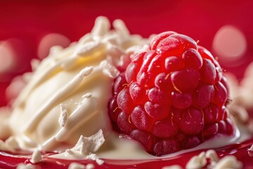 Wall Mural - Single raspberry with cream and meringue on a red surface