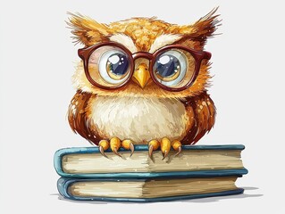 Poster - Cute Cartoon Owl Wearing Glasses Perched on Books Isolated on White Background