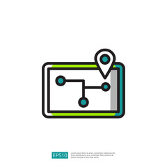 Poster - Digital Map Icon With Location Marker And Abstract Path Lines On A White Background