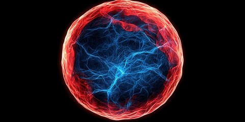 Aufkleber - A vibrant, glowing sphere with red and blue electric-like patterns against a black background, resembling cosmic energy or abstract design.