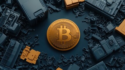 Poster - A golden Bitcoin sits prominently among a backdrop of dark, fragmented electronic components, symbolizing the intersection of cryptocurrency and technology.