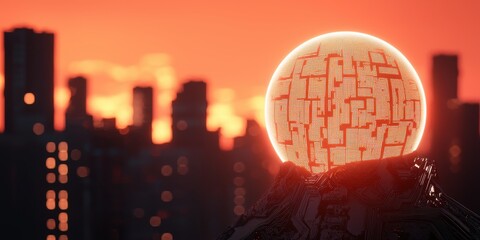 Aufkleber - A glowing orb rises above a silhouetted cityscape during a vibrant sunset, creating a futuristic and mesmerizing atmosphere.