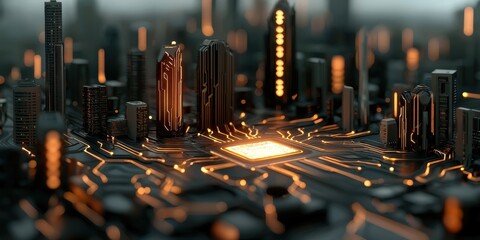 Fototapete - A futuristic cityscape blends with a circuit board design, showcasing glowing circuits and digital architecture.