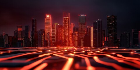 Aufkleber - A futuristic city skyline illuminated in red, with circuit-like patterns in the foreground, creating a blend of technology and urban architecture.