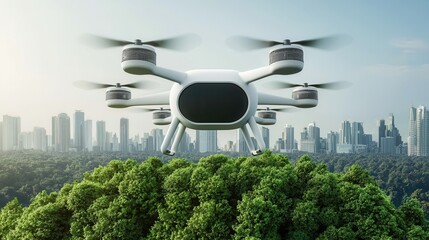 Poster - A futuristic drone hovers above lush greenery, with a city skyline in the background, illustrating the blend of technology and nature.
