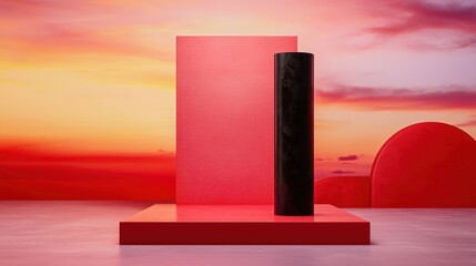 Poster - A striking abstract composition featuring geometric shapes against a vibrant sunset backdrop, combining red tones with a contrasting black cylinder.