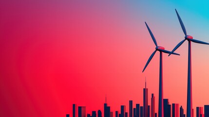 Poster - A vibrant skyline featuring wind turbines against a colorful gradient backdrop, symbolizing renewable energy and urban innovation.