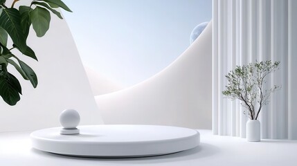 Poster - A minimalist interior featuring a round pedestal, a spherical object, and a plant, creating a serene and modern atmosphere.