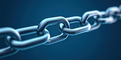 Poster - A close-up of a metallic chain link against a blue background, showcasing its texture and shine.
