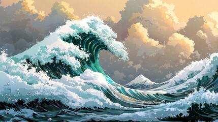 Wall Mural - majestic ocean wave at sunset: a stunning seascape painting