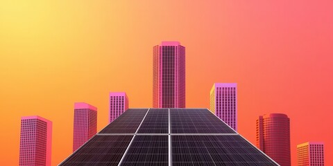 Poster - A vibrant skyline features solar panels in the foreground, set against a colorful gradient sunset, symbolizing renewable energy and urban development.