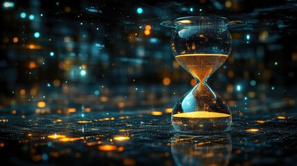 Wall Mural - A glowing hourglass surrounded by a digital landscape filled with luminous particles and depth