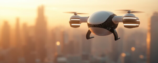 Fototapete - A futuristic drone hovers over a city skyline during sunset, showcasing advanced technology against a vibrant backdrop.