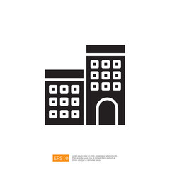 Poster - Travel and Vacation Icon Featuring a Minimalist Black and White Illustration of Buildings and Hotels Suggesting Urban Exploration and Global Adventures