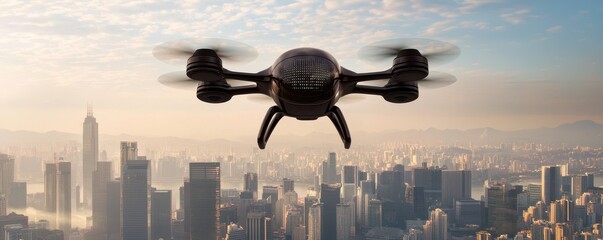 Poster - A drone flies over a city skyline at sunset, capturing stunning aerial views of the urban landscape below.