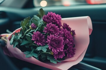 Poster - A stunning bouquet of deep purple chrysanthemums elegantly wrapped in delicate pink paper sits invitingly on the seat of a car. The vibrant flowers offer a touch of beauty and elegance