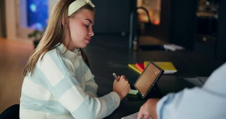 Poster - Comfort, homework and dad with child with stress for exam, test and assessment for lesson. Family, helping and father with teenager with notebook for studying, education and learning for knowledge