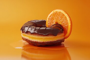 Wall Mural - Chocolate iced doughnut with an orange slice presented on orange