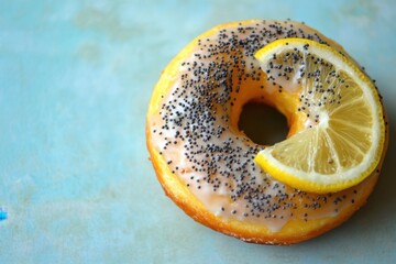 Wall Mural - Delicious glazed doughnut with lemon slice and poppy seeds topping