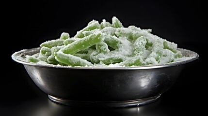 Closeup view of ice coated frozen green peas in a simple metal serving bowl creating a minimalist and still life food photograph