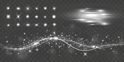 Poster - Glowing stars, sparkles, light streaks, and shimmering particles on transparent background for overlays and magical effects.
