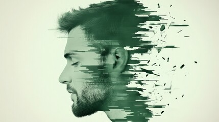 Canvas Print - Abstract profile of a man with a digital decay effect rendered in a muted green suggesting loss or transition Conceptual portrait