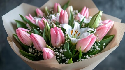 Poster - A beautiful bouquet showcases vibrant pink tulips and pristine white lilies, nestled among fresh greenery and delicate filler. Perfect for celebrations or heartfelt gifts