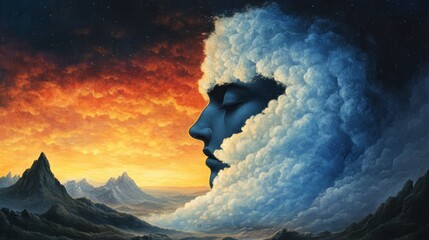 Wall Mural - Mystical figure blends with clouds in a surreal mountain landscape where twilight colors paint the sky with stars shining through