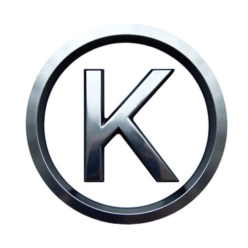 Cut out image of a metallic letter K within a circle.