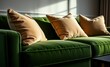 © Global Perspectives - Closeup of green velvet sofa with beige pillows scandinavian interior design of modern living room home luxurious velvet sofa in a style living room - 4k wallpaper 4k wallpaper background abstract wal