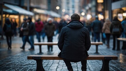 Contemplative figure pauses amidst bustling city street scene, observing blurry pedestrian flow from park bench perch.