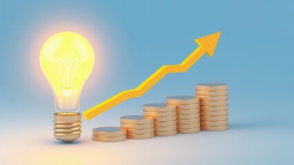 Wall Mural - Stacks of coins, light bulb and increasing graph. Concept illustration for start up idea.