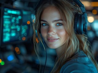 Poster - Smiling Young Woman Customer Service Agent Resolving Query via Video Call with Holographic Assistance Tools