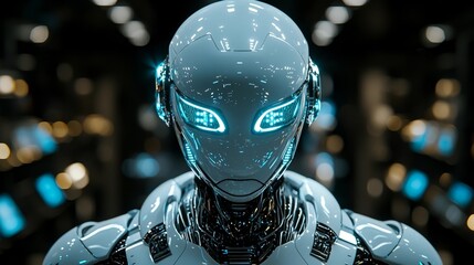 Poster - Futuristic Robotic Customer Service Assistant Efficiently Handling Inquiries in Tech Driven Store