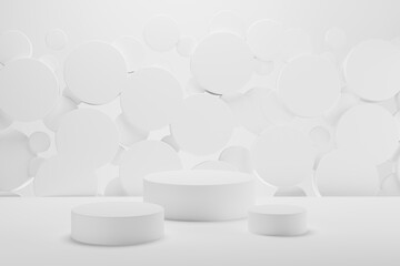 Poster - white abstract stage - set of three round podiums, mockup, flying circles decor. template 3d illustr