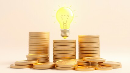 Wall Mural - Stacks of coins, light bulb and increasing graph. Concept illustration for start up idea.