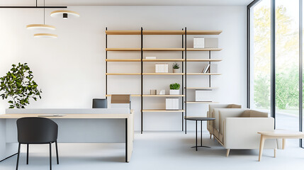 Wall Mural - Modern minimalist office interior with shelving, desk, and seating in bright natural light, perfect for workspace or branding mockup. 3D Rendering