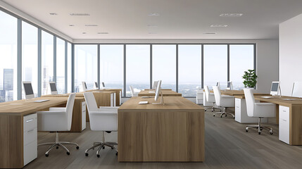 Wall Mural - Modern office with wooden desks, white chairs, and large windows. 3D Rendering