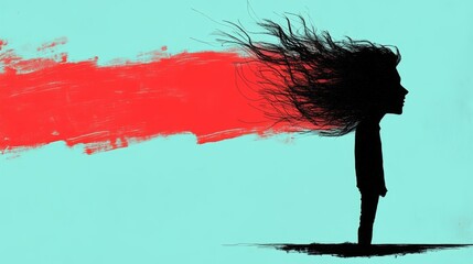 Wall Mural - Stylized portrait of a silhouetted figure with a red streak emanating from the head set against a light blue backdrop