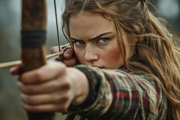 A Scottish woman warrior, in traditional battle dress, prepares to shoot with bow and arrow. A beautiful female warrior with long hair, face only visible from the side. 