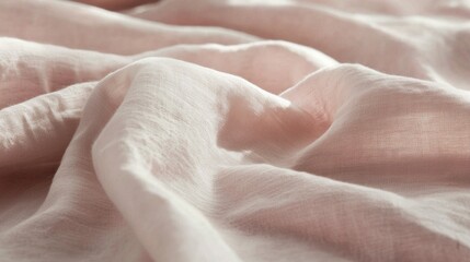 Poster - Delicate pink linen bed sheets gently drape across a bed, inviting tranquility and comfort into a cozy bedroom. The soft texture enhances the serene ambiance, perfect for relaxation